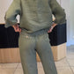 Women's Casual Solid Color Round Neck Mid Sleeve Long Pants Cotton and Linen Two-piece Set