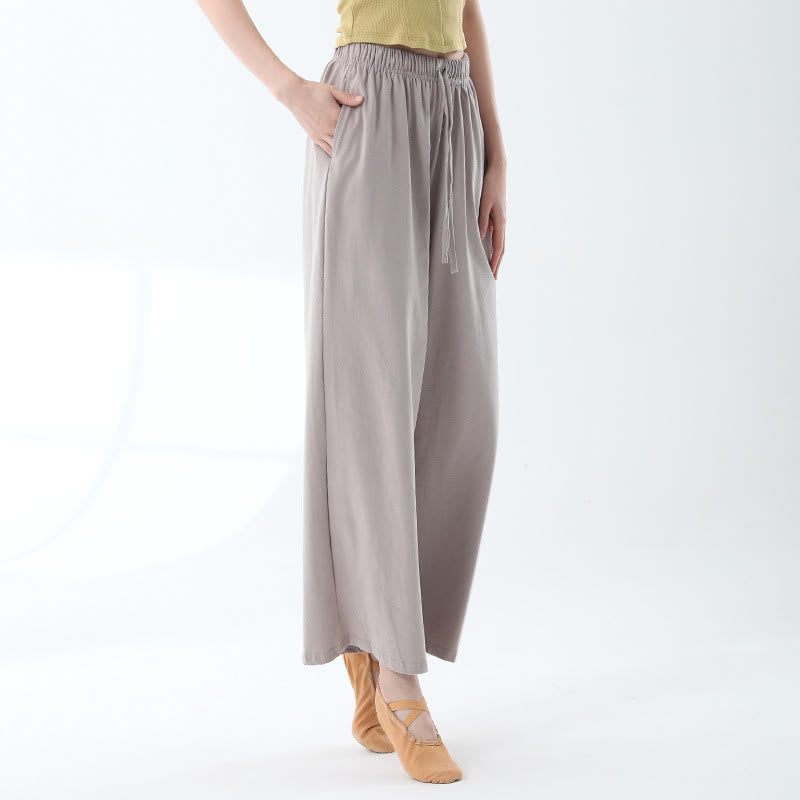 Loose Cotton Drawstring Wide Leg Pants For Yoga Dance With Pockets