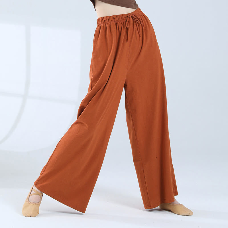 Loose Cotton Drawstring Wide Leg Pants For Yoga Dance With Pockets