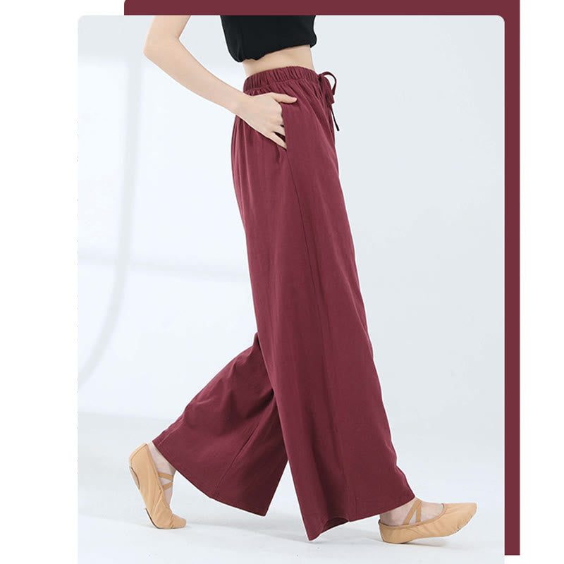 Loose Cotton Drawstring Wide Leg Pants For Yoga Dance With Pockets