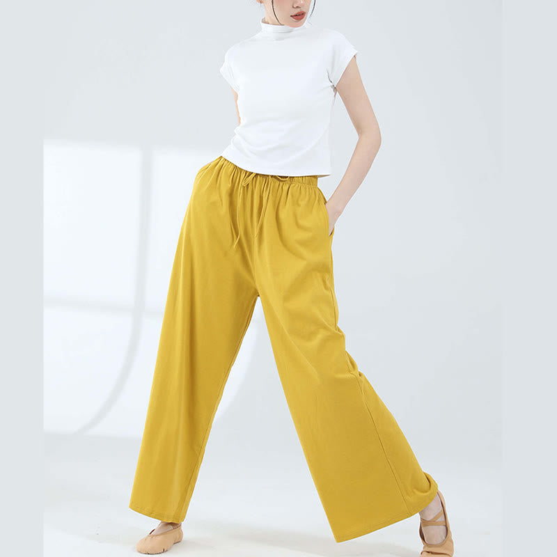 Loose Cotton Drawstring Wide Leg Pants For Yoga Dance With Pockets