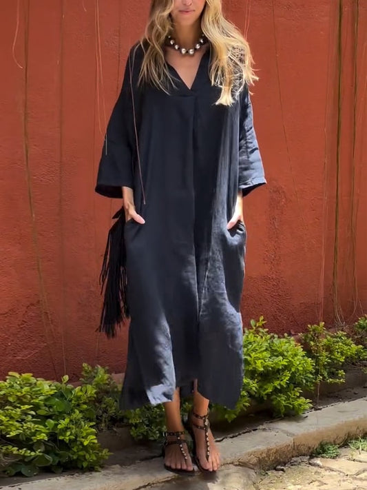 Women'S Casual Solid Color V-Neck Cotton And Linen Dress