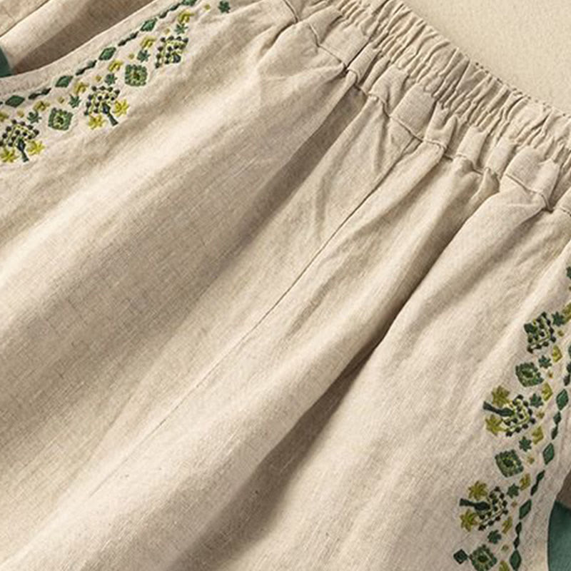 Vintage Embroidery Elastic Waist Capri Harem Pants With Pockets