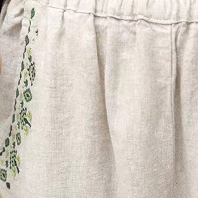 Vintage Embroidery Elastic Waist Capri Harem Pants With Pockets