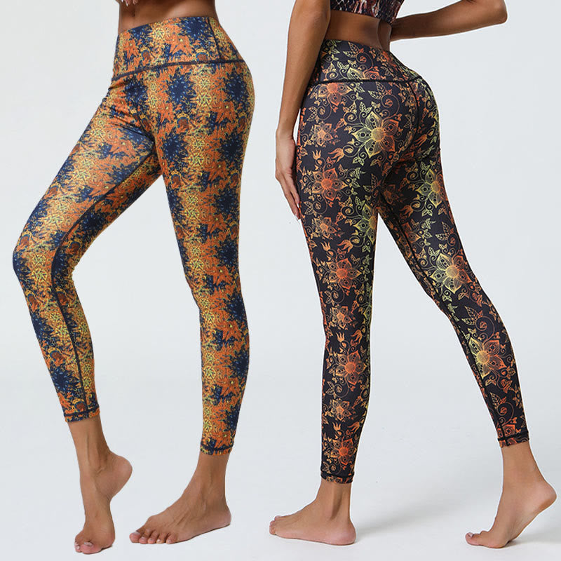 Flowers Geometric Mandalas Print Sports Fitness Yoga High Waist Leggings Women's Pants