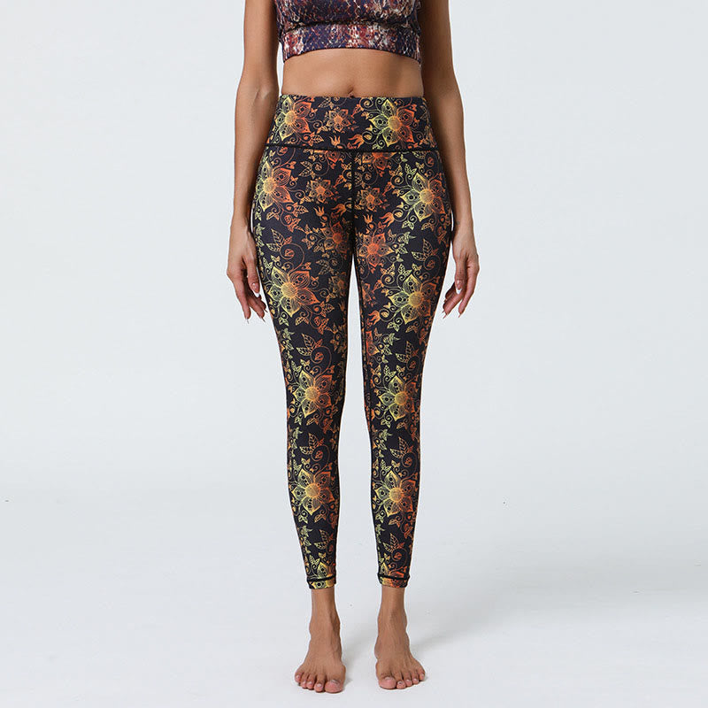 Flowers Geometric Mandalas Print Sports Fitness Yoga High Waist Leggings Women's Pants