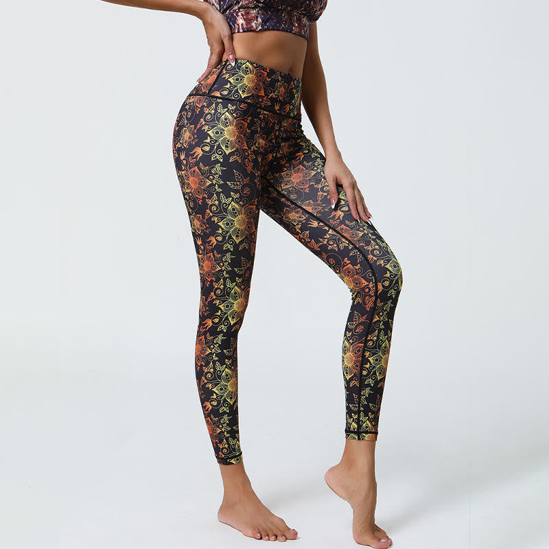Flowers Geometric Mandalas Print Sports Fitness Yoga High Waist Leggings Women's Pants