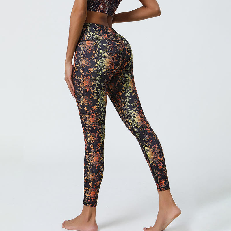 Flowers Geometric Mandalas Print Sports Fitness Yoga High Waist Leggings Women's Pants