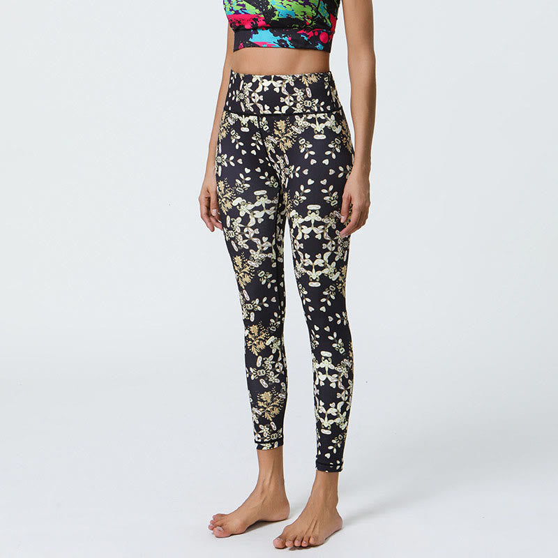 Flowers Geometric Mandalas Print Sports Fitness Yoga High Waist Leggings Women's Pants