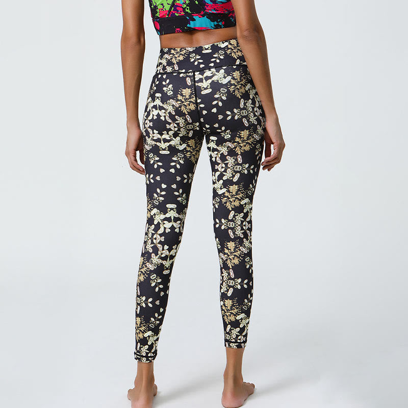 Flowers Geometric Mandalas Print Sports Fitness Yoga High Waist Leggings Women's Pants