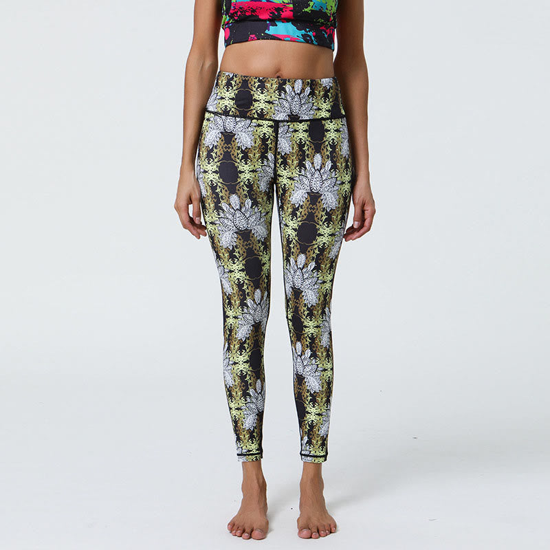 Flowers Geometric Mandalas Print Sports Fitness Yoga High Waist Leggings Women's Pants