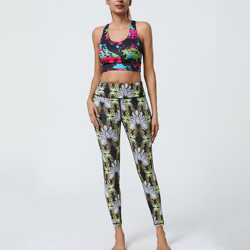Flowers Geometric Mandalas Print Sports Fitness Yoga High Waist Leggings Women's Pants