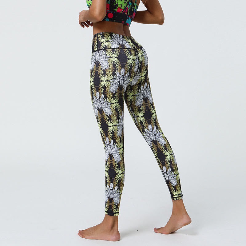 Flowers Geometric Mandalas Print Sports Fitness Yoga High Waist Leggings Women's Pants