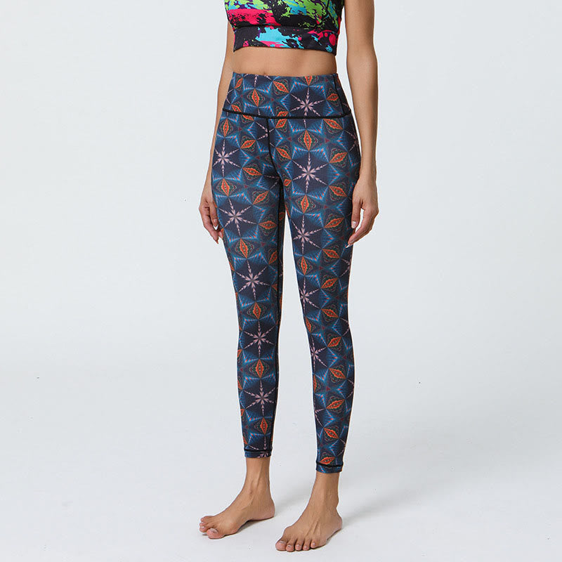 Flowers Geometric Mandalas Print Sports Fitness Yoga High Waist Leggings Women's Pants