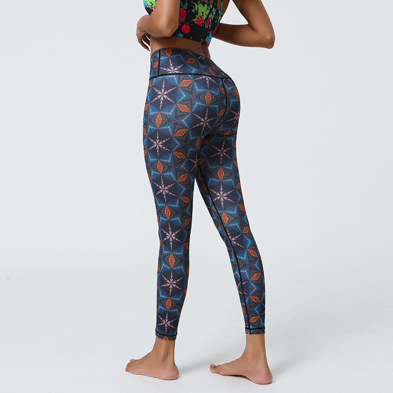 Flowers Geometric Mandalas Print Sports Fitness Yoga High Waist Leggings Women's Pants
