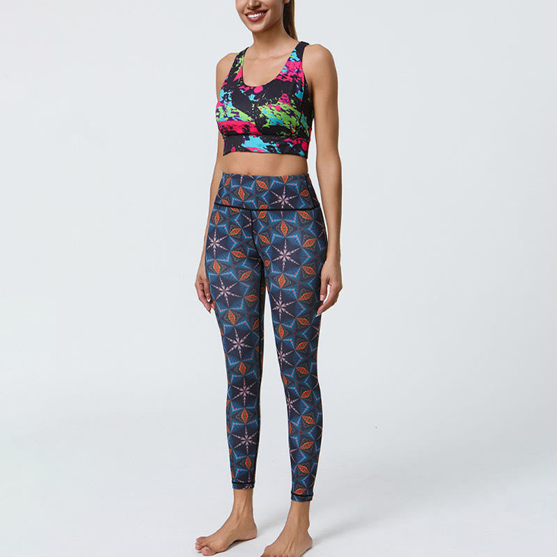 Flowers Geometric Mandalas Print Sports Fitness Yoga High Waist Leggings Women's Pants