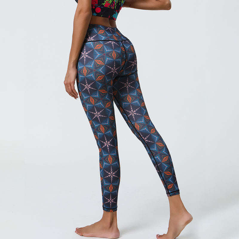 Flowers Geometric Mandalas Print Sports Fitness Yoga High Waist Leggings Women's Pants