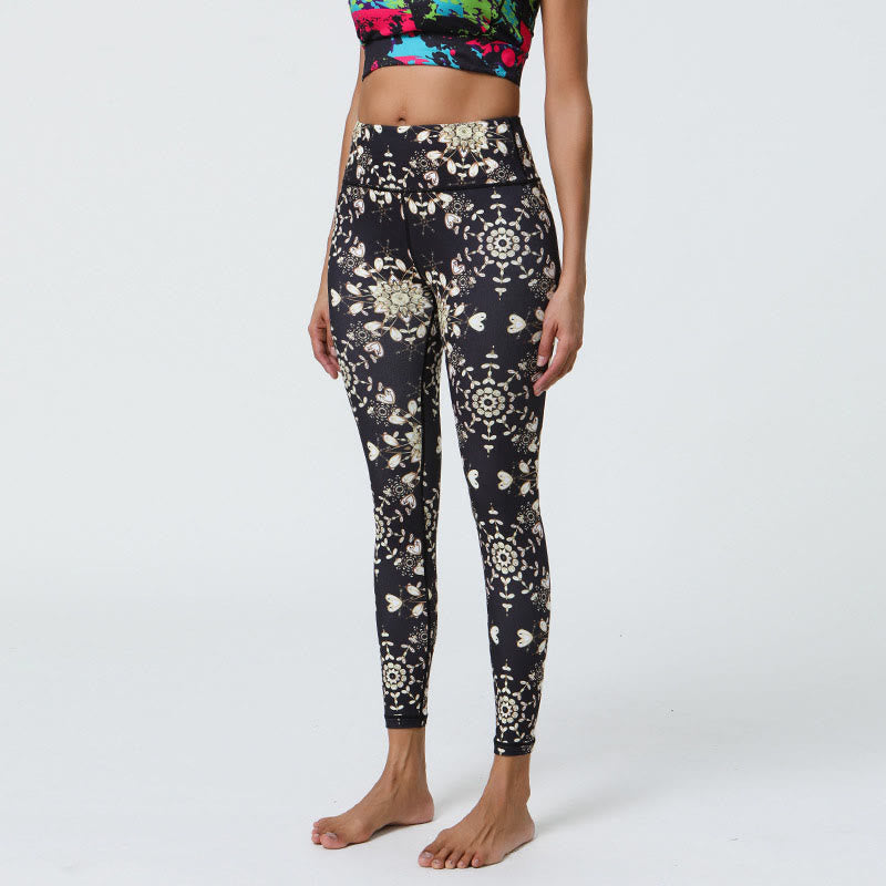 Flowers Geometric Mandalas Print Sports Fitness Yoga High Waist Leggings Women's Pants
