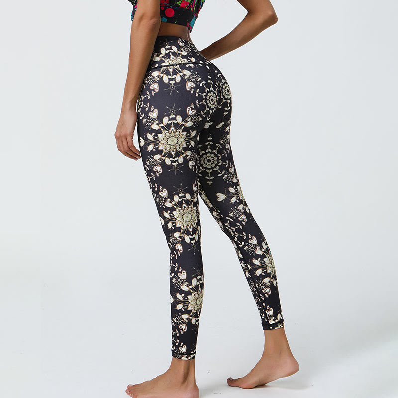 Flowers Geometric Mandalas Print Sports Fitness Yoga High Waist Leggings Women's Pants