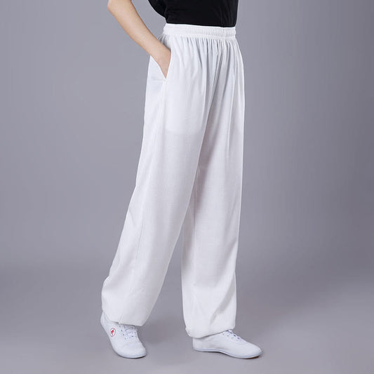 Summer Unisex Elastic Waist Tai Chi Qigong Practice Breathable Cotton Linen Pants With Pockets