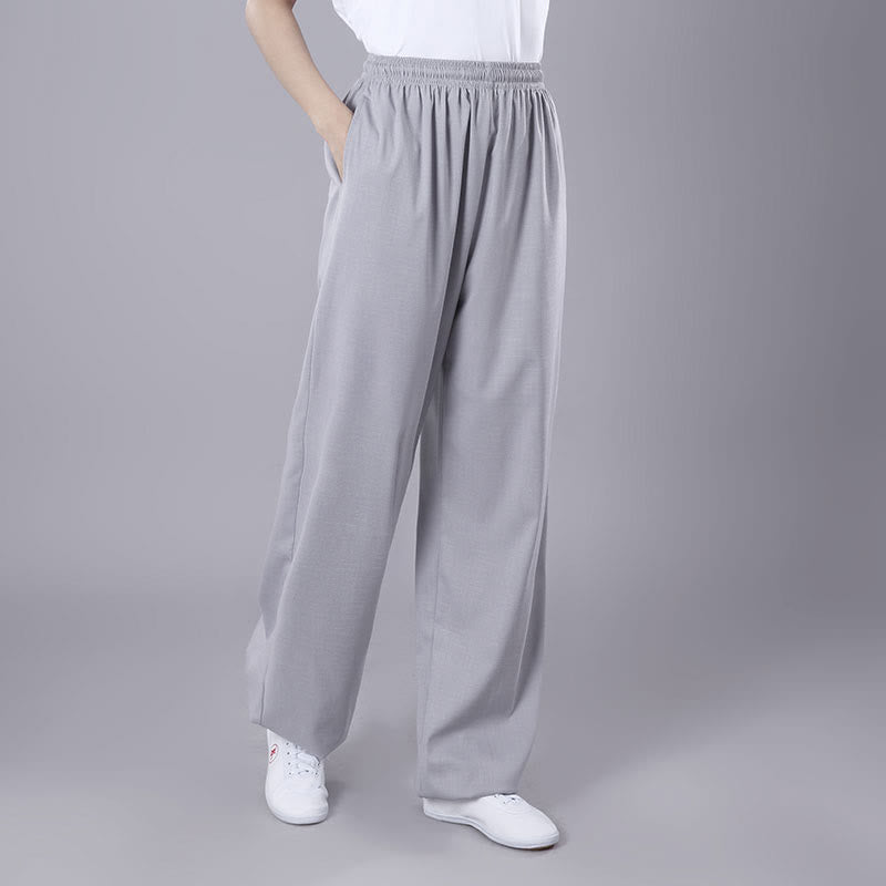 Summer Unisex Elastic Waist Tai Chi Qigong Practice Breathable Cotton Linen Pants With Pockets