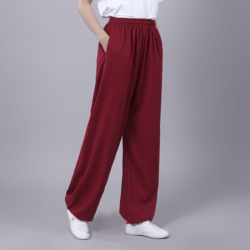Summer Unisex Elastic Waist Tai Chi Qigong Practice Breathable Cotton Linen Pants With Pockets