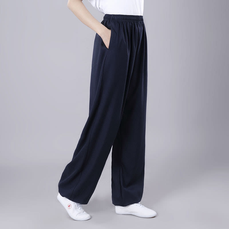 Summer Unisex Elastic Waist Tai Chi Qigong Practice Breathable Cotton Linen Pants With Pockets