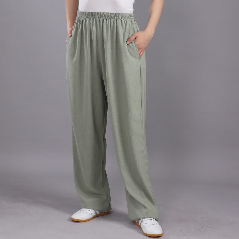Summer Unisex Elastic Waist Tai Chi Qigong Practice Breathable Cotton Linen Pants With Pockets