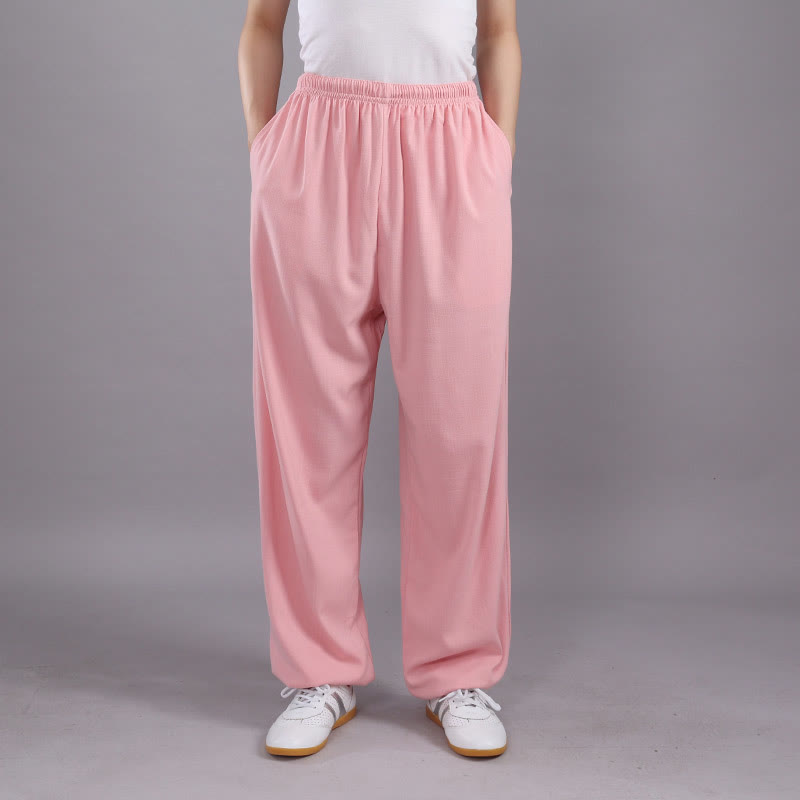 Summer Unisex Elastic Waist Tai Chi Qigong Practice Breathable Cotton Linen Pants With Pockets
