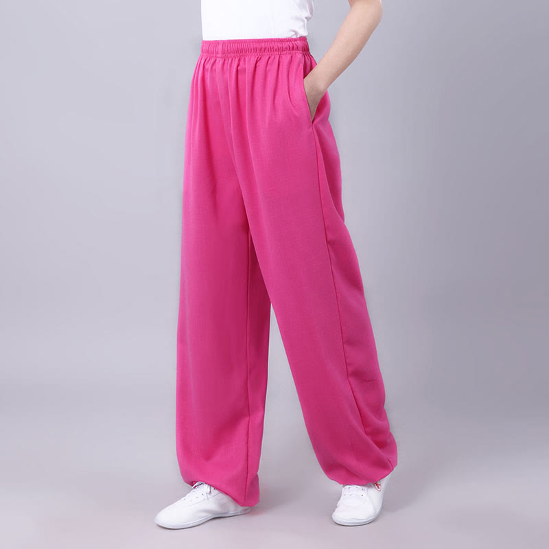 Summer Unisex Elastic Waist Tai Chi Qigong Practice Breathable Cotton Linen Pants With Pockets