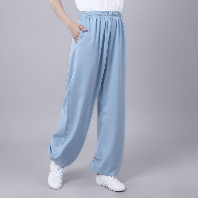 Summer Unisex Elastic Waist Tai Chi Qigong Practice Breathable Cotton Linen Pants With Pockets
