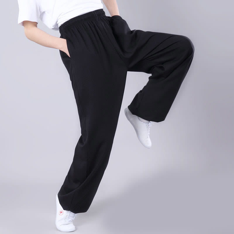 Summer Unisex Elastic Waist Tai Chi Qigong Practice Breathable Cotton Linen Pants With Pockets
