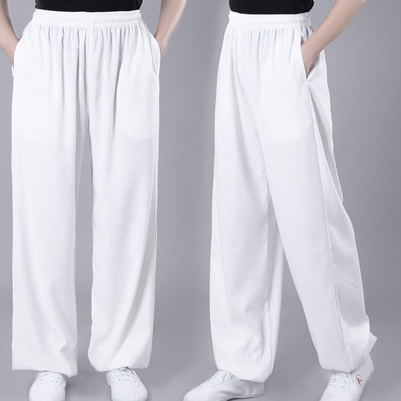 Summer Unisex Elastic Waist Tai Chi Qigong Practice Breathable Cotton Linen Pants With Pockets