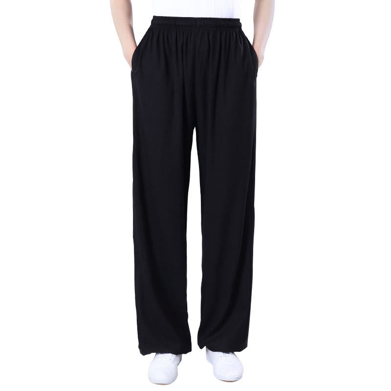 Summer Unisex Elastic Waist Tai Chi Qigong Practice Breathable Cotton Linen Pants With Pockets