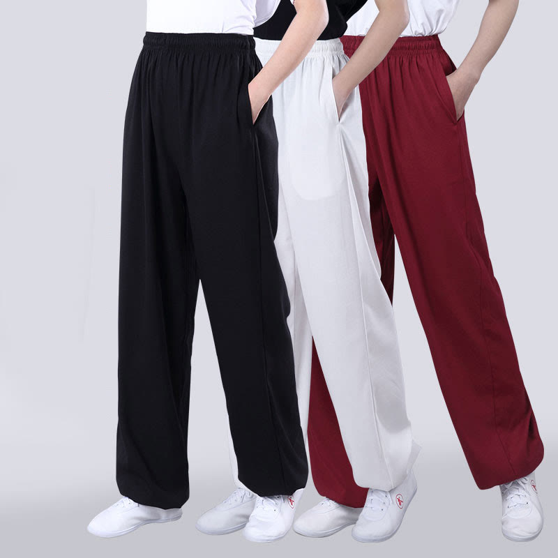 Summer Unisex Elastic Waist Tai Chi Qigong Practice Breathable Cotton Linen Pants With Pockets