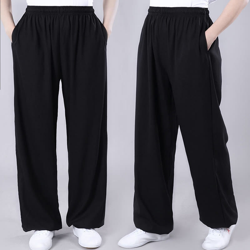 Summer Unisex Elastic Waist Tai Chi Qigong Practice Breathable Cotton Linen Pants With Pockets