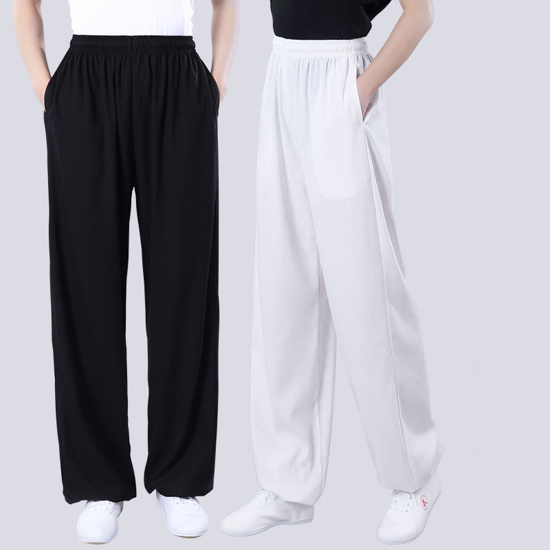 Summer Unisex Elastic Waist Tai Chi Qigong Practice Breathable Cotton Linen Pants With Pockets