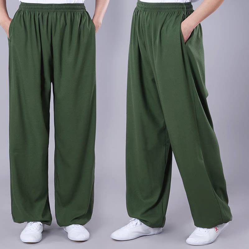Summer Unisex Elastic Waist Tai Chi Qigong Practice Breathable Cotton Linen Pants With Pockets