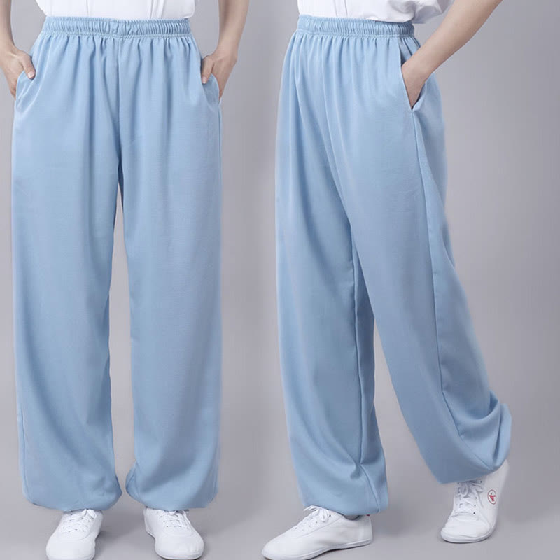 Summer Unisex Elastic Waist Tai Chi Qigong Practice Breathable Cotton Linen Pants With Pockets