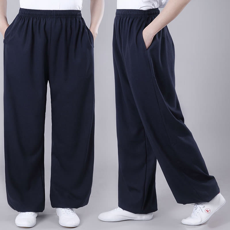 Summer Unisex Elastic Waist Tai Chi Qigong Practice Breathable Cotton Linen Pants With Pockets
