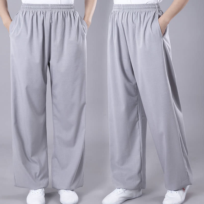 Summer Unisex Elastic Waist Tai Chi Qigong Practice Breathable Cotton Linen Pants With Pockets
