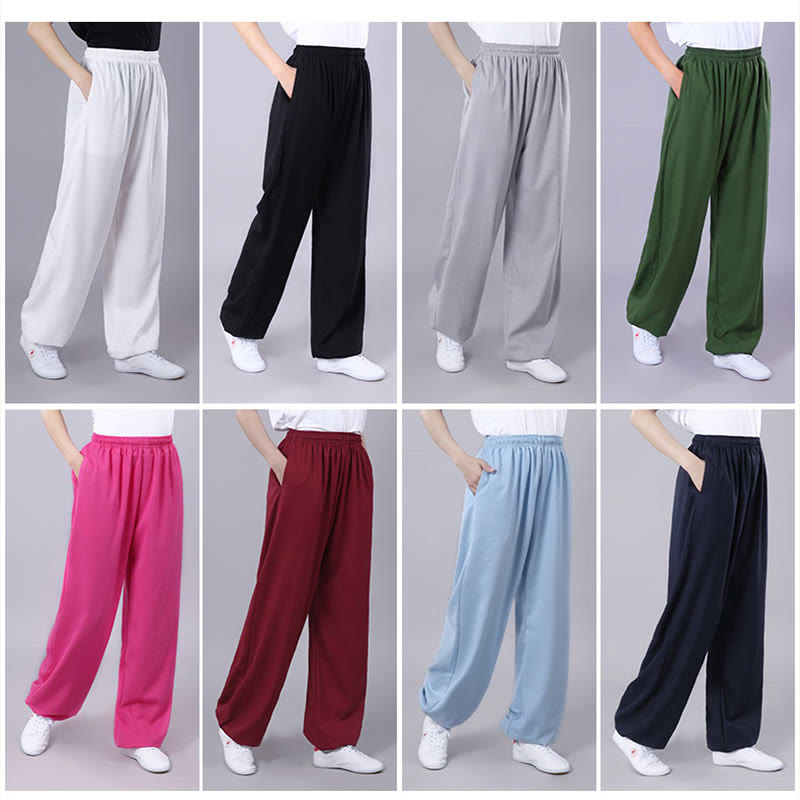 Summer Unisex Elastic Waist Tai Chi Qigong Practice Breathable Cotton Linen Pants With Pockets