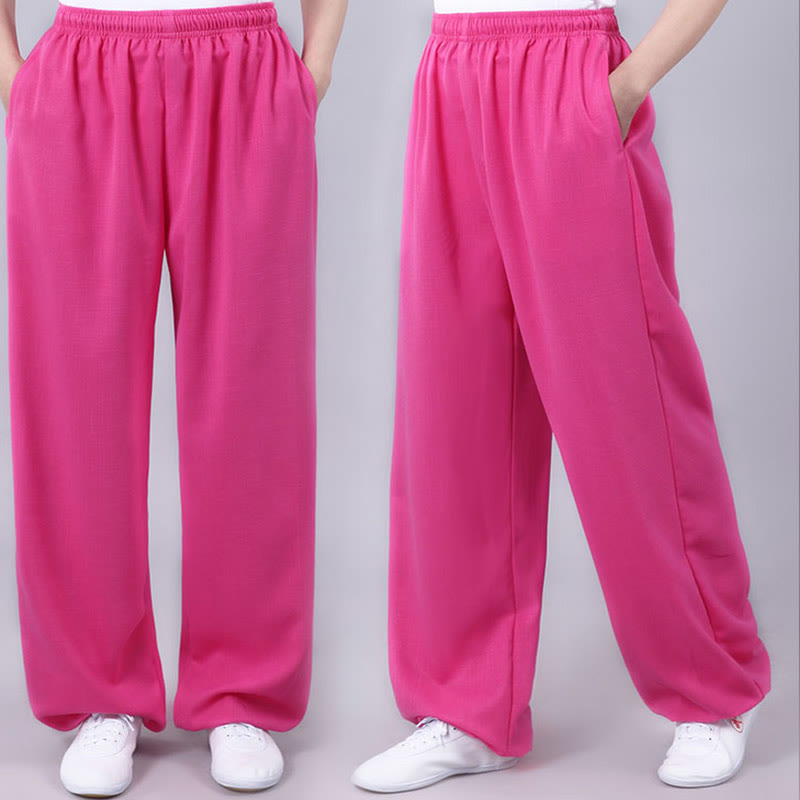 Summer Unisex Elastic Waist Tai Chi Qigong Practice Breathable Cotton Linen Pants With Pockets