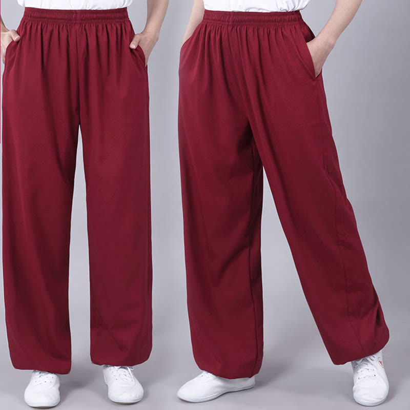 Summer Unisex Elastic Waist Tai Chi Qigong Practice Breathable Cotton Linen Pants With Pockets