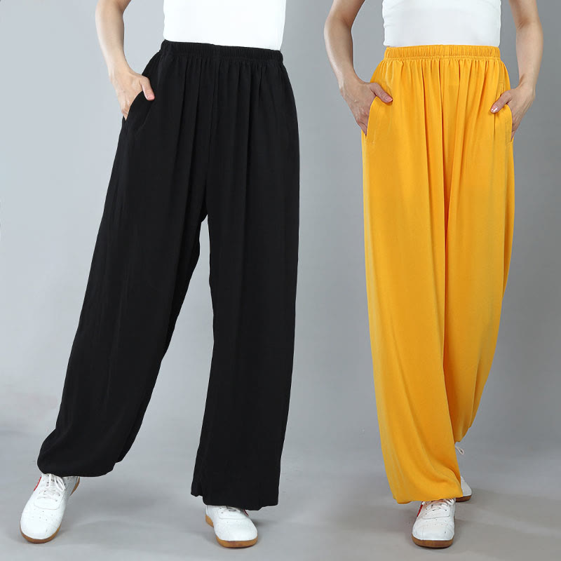 Summer Unisex Elastic Waist Tai Chi Kung Fu Qigong Practice Cotton Breathable Pants With Pockets