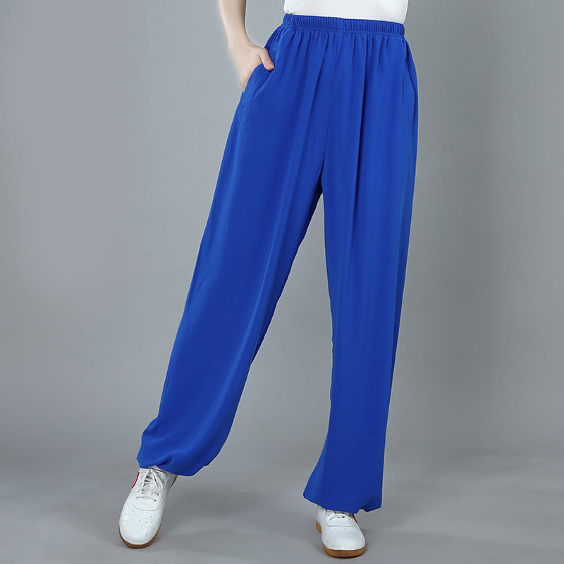 Summer Unisex Elastic Waist Tai Chi Kung Fu Qigong Practice Cotton Breathable Pants With Pockets