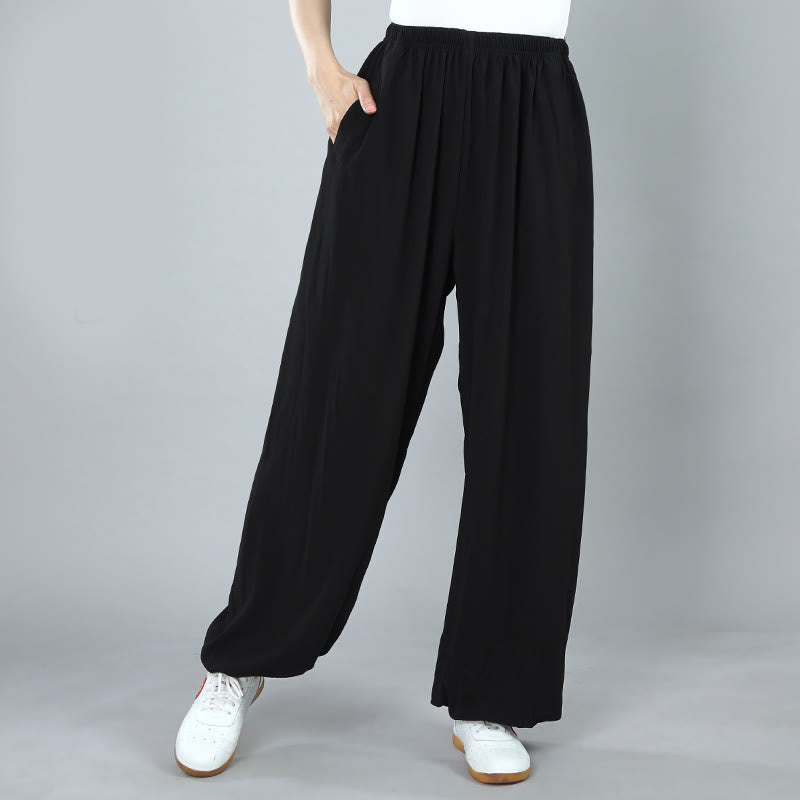 Summer Unisex Elastic Waist Tai Chi Kung Fu Qigong Practice Cotton Breathable Pants With Pockets