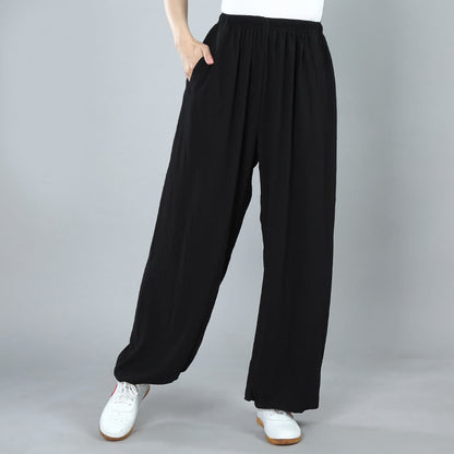 Summer Unisex Elastic Waist Tai Chi Kung Fu Qigong Practice Cotton Breathable Pants With Pockets