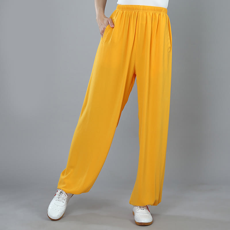 Summer Unisex Elastic Waist Tai Chi Kung Fu Qigong Practice Cotton Breathable Pants With Pockets