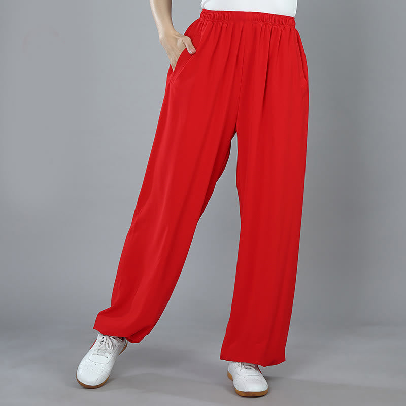 Summer Unisex Elastic Waist Tai Chi Kung Fu Qigong Practice Cotton Breathable Pants With Pockets